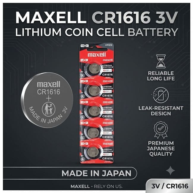 Maxell 5 Pcs CR1616 3V Lithium Battery Button Coin Cell (Made in Japan)