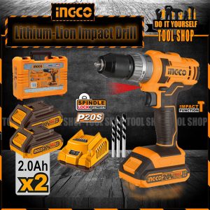 Ingco CIDLI201452 Cordless Lithium-Ion Impact Drill With 2 Pcs 20V Batteries 2.0AH and Fast Charger ingco pakistan official online store power tool