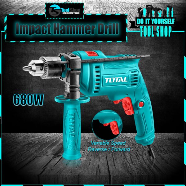 TOTAL 680W Variable Speed Impact Drill with Forward/Reverse Switch, Hammer Function TG1061356