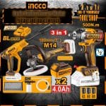 INGCO Combo 3 in 1 Kit Cordless Impact Wrench, Cordless Pressure Washer, Cordless Pressure Washer with 2x 4.0Ah Batteries and Dast Charger COSLI250184