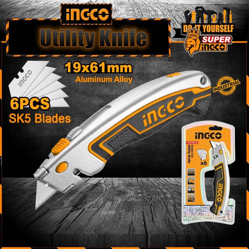 INGCO Utility Knife with 6 blades Lightweight Aluminum Design HUK6128