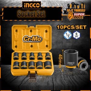 Ingco 10 Pcs Socket Set 1/2" DR. CR-MO Standard Impact Socket 10-24MM HKISSD12101 in Pakistan ingco Karachi branch store online