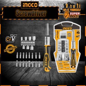 INGCO HKSDB0248 24 Pcs Screwdriver Set, 16 Pcs 6.35X25mm Screwdriver Bit, INGCO Style Ratchet Handle, High Auality Cr.V Material, Heavy duty, High Torque