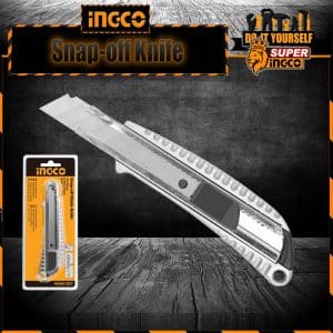INGCO Multi-Purpose Retractable Box Cutter Utility Knife With 18mm Snap-Off Stainless Steel Blade, Zinc Alloy Body, Auto Lock, and Flat Push Button;Perfect for Office and Home Use,Chrome,HKNS1807