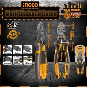 Brand: SUPER INGCO Model: HMFDCP28200 Size: 8″ (inch) / 200 mm Material: Cr-V (chrome-vanadium) steel Surface finish: Teflon coating Functions: Cutting, crimping, tightening, twisting, stripping, pulling Weight: 0.3 kg.