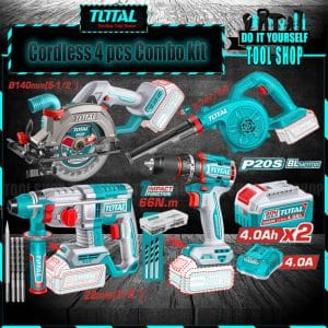 Total Cordless 4pcs Combo Kit - Impact Drill 66Nm, Rotary Hammer, Air Blower, Circular Saw, with 2x 4.0 Ah Battery, Fast Charger TOSLI250695