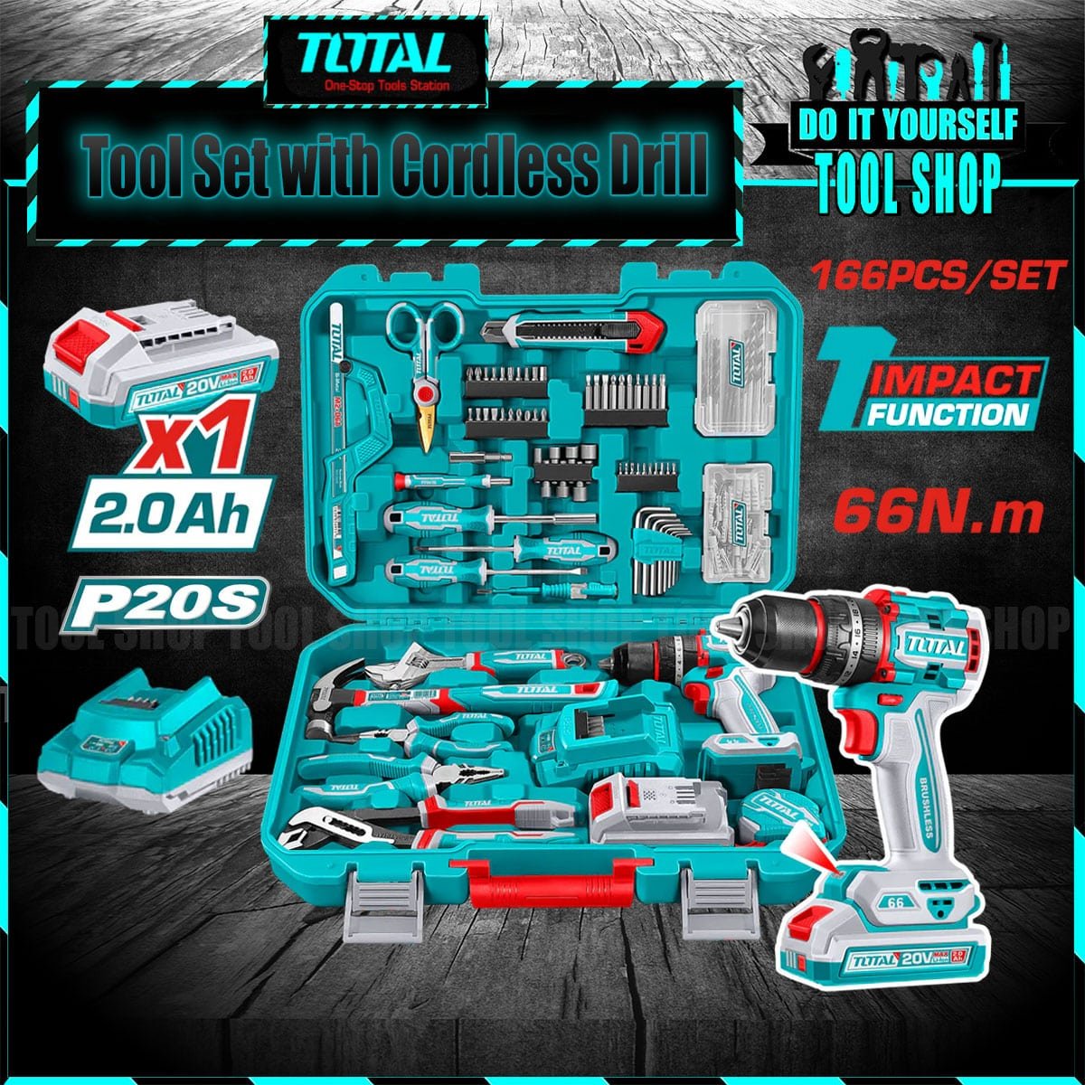 Total Cordless Impact Drill Tool Set 166 Pcs