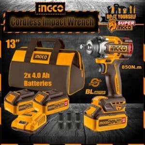 Ingco cordless impact wrench 850Nm CIWLI20851 brushless motor kit with two 4ah batteries