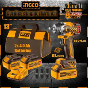 Ingco cordless impact wrench 850Nm CIWLI20851 brushless motor kit with two 4ah batteries