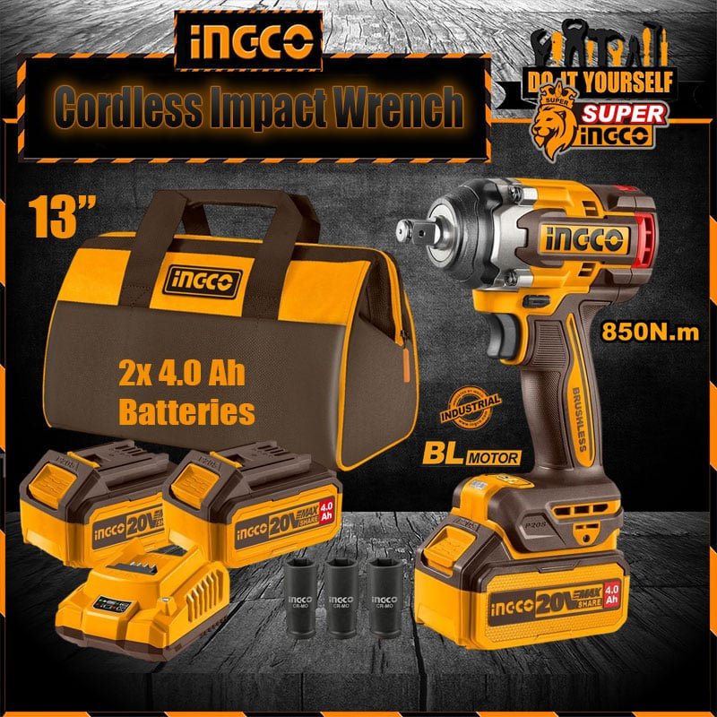 Ingco cordless impact wrench 850Nm CIWLI20851 brushless motor kit with two 4ah batteries