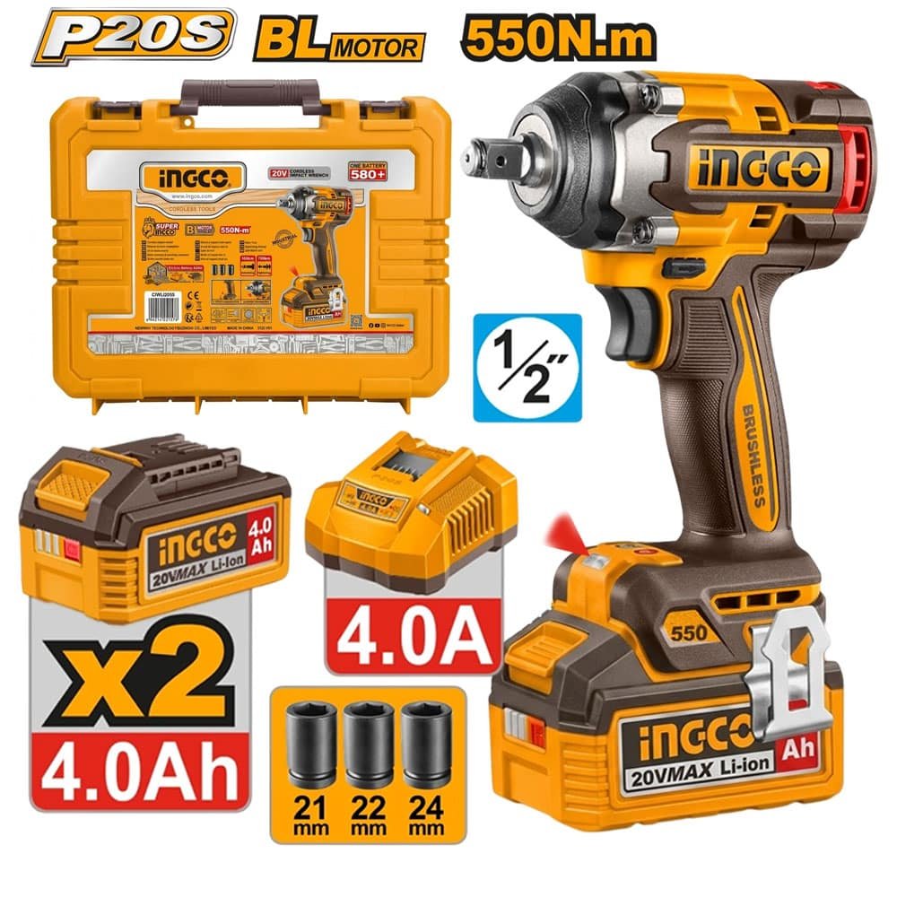 Ingco Cordless Impact Wrench 2 Pcs 4.0Ah Batteries CIWLI2055 in pakistan